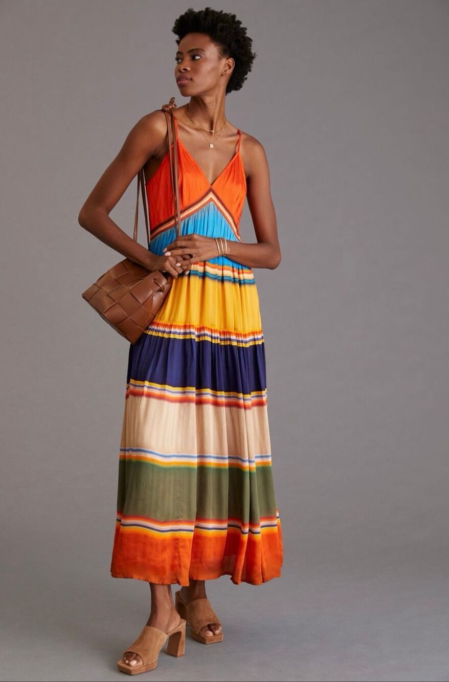 Anthropologie Tanvi Kedia Colorblock Pleated Midi Dress Orange XS Boho